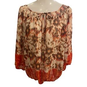 Ellen Tracy Sheer Orange, Brown and White Boho Print Blouse size L